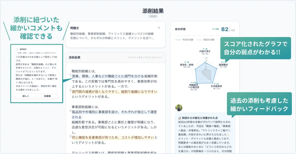 論述の添削コメントとスコアの例